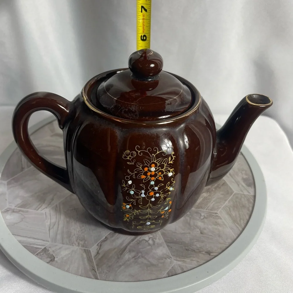 Vintage Hand-Painted Brown Ceramic Teapot from Japan – Floral Motif, 6.5” - Picture 2 of 10